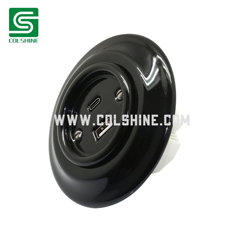 Porcelain USB Charging Socket Retro Loft Style Vintage Design Flush-Mounted USB Type-A + Type-C